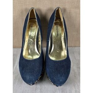 Wild Diva Blue Denim Spiked Platform Stiletto Heels Women's Size 8.5 Boho Dancer